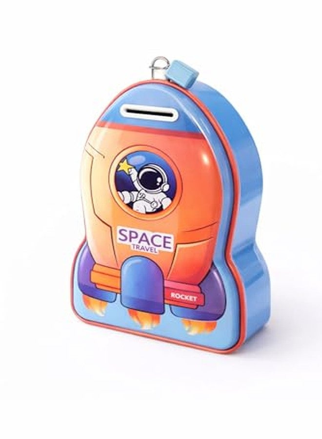 Nubby DotssRocket Shaped Kids Piggy Bank, Space Travel Theme, Astronaut Design, Coin Slot with Lock, Blue and Orange - Image 4